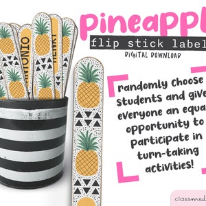 Printable Pineapple Themed Flip Sticks Labels, Classroom Management Name Sticks DIGITAL DOWNLOAD