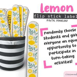 Lemon Theme Flip Stick Labels // Name sticks // Equity Sticks // Fair sticks // Classroom Management Tool // DIGITAL DOWNLOAD