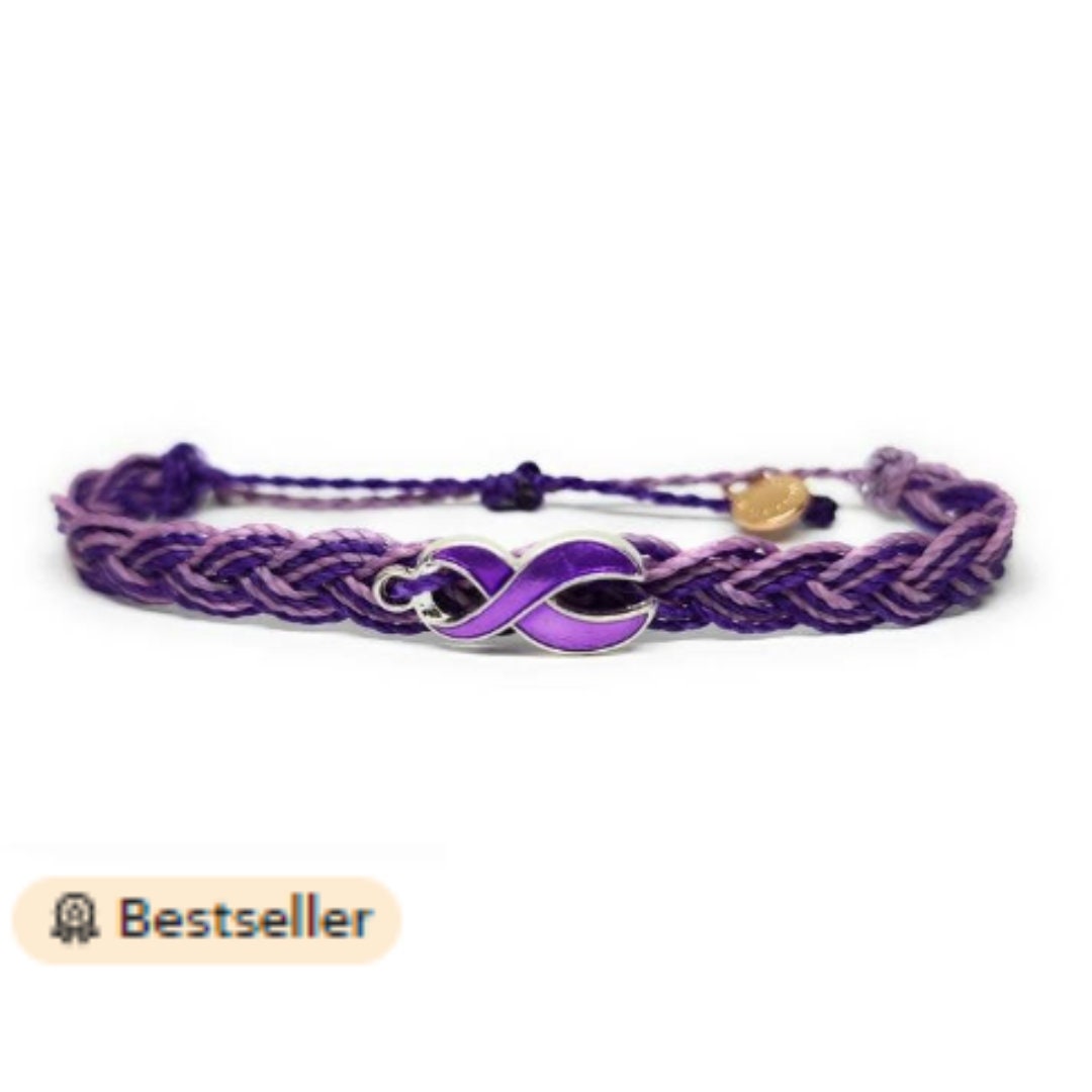 Custom Purple Pancreatic Cancer Awareness Ribbon Bracelet – Silver Plated – 18" Chain