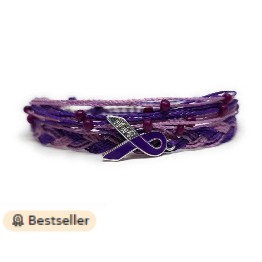 Pancreatic Cancer Awareness Bracelet, Purple Ribbon Charm, Handmade ...