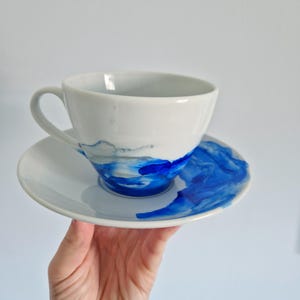 Hand-Painted Marbled Cappuccino Cup with Saucer: Personalized Alcohol Ink Art
