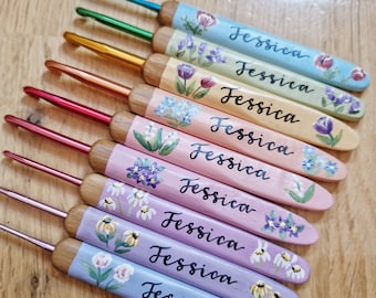 Personalized Rainbow Floral Crochet Hook Set: Flower Painted Wooden Handle, Metal Hook