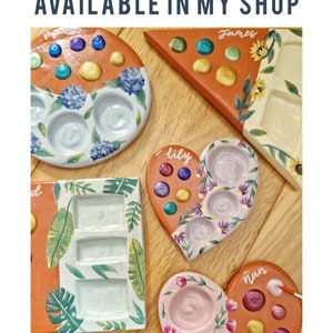 other palettes available in my shop. various terracotta palettes, painted in different colours with watercolour dots on them.