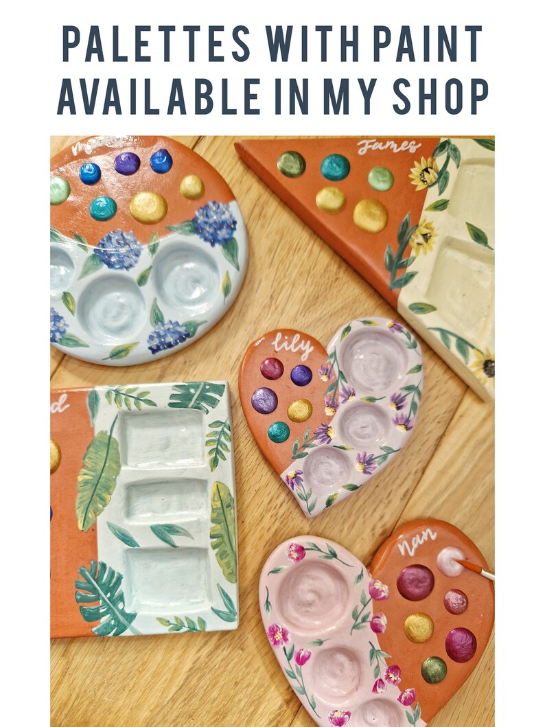 other palettes available in my shop. various terracotta palettes, painted in different colours with watercolour dots on them.
