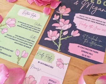 Colourful illustrated wedding invitation - floral wedding invite - hand drawn bright invite, unique wedding invitations