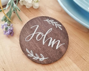 Wooden circle place cards - rustic wedding place names - handmade place settings