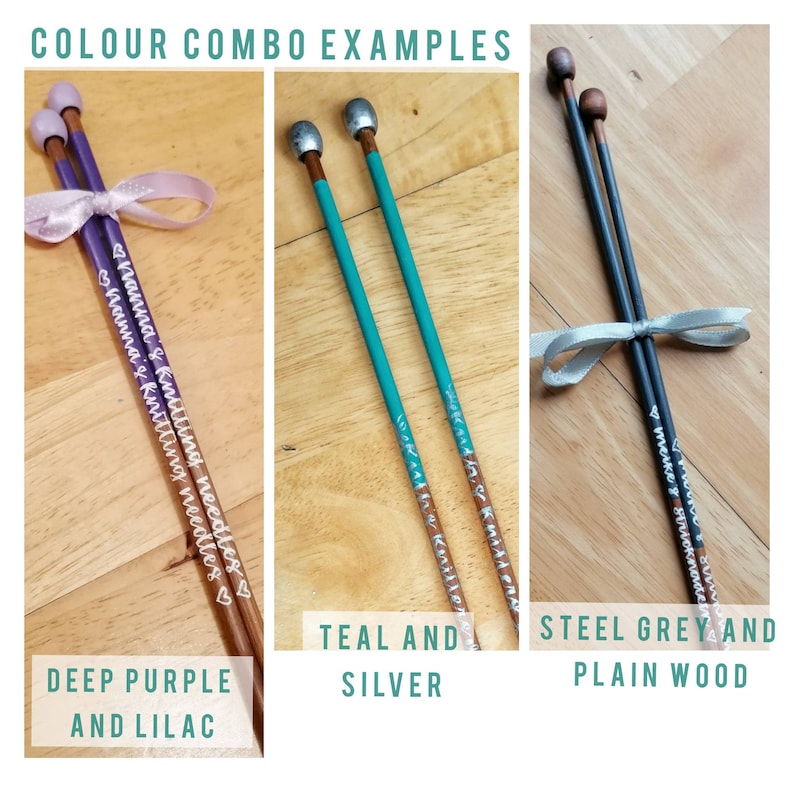 May include: Image of three pairs of knitting needles in different color combinations. One pair is deep purple and lilac, another is teal and silver, and the third is steel grey and plain wood. Each pair is tied with a ribbon and has text on the needles.
