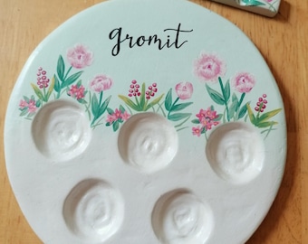 Personalized Pink Flowers Ceramic Watercolor Palette : Hand-Painted Floral Art Palette