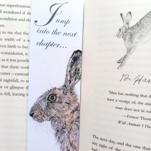 Puede incluir: Un marcapáginas con una ilustración de acuarela de una liebre marrón con el texto "Jump into the next chapter..." impreso en él. El marcapáginas está en un libro con el texto "Raising Hare" y "12. Hare" visible.