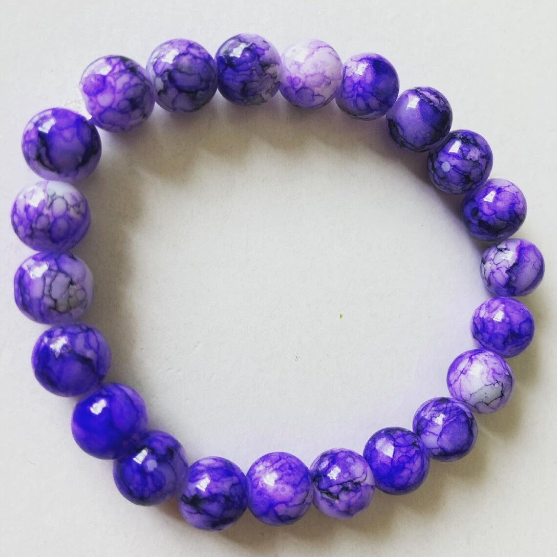 Purple glass bead bracelet elasticated marble beads tie Etsy