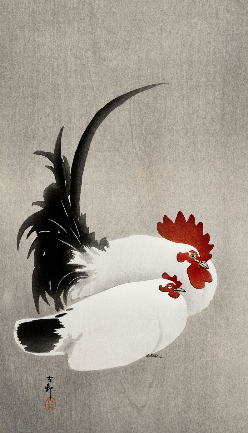 Rooster Chicken Print Japanese Print Chicken Wall Art Country Print Farm Animal Print Kitchen Print Rooster Art Print Grey Wall Decor Art Collectibles Digital Prints Vadel Com