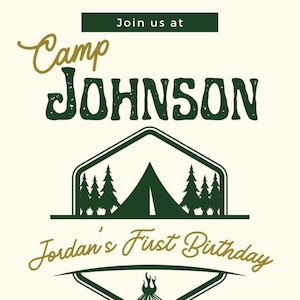 EDITIERBARE Erste Geburtstagseinladung, Camping Themed 1st Geburtstag Digitale Einladung, Ein glücklicher Camper, druckbare Vorlage #CJ002