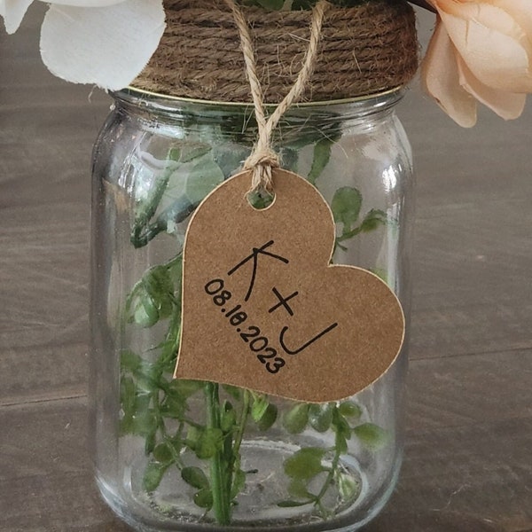 Custom initial & date heart tags use for mason jars,  table centerpiece decor, thank you,shower, rustic wedding favor tags, name, simple