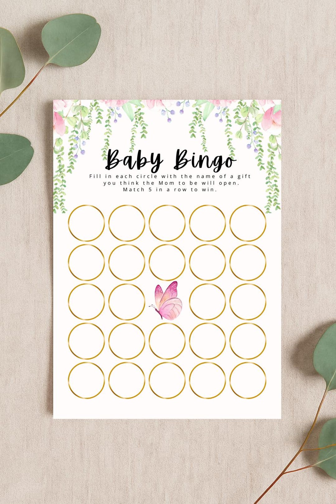 Printable Baby Girl Shower Bingo, Pink Butterfly Floral Baby Bingo Card ...