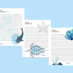 Scarica le pagine di diario stampabili a tema oceano: carta a righe digitale - squalo balena, tartaruga e stella marina. Estetica della spiaggia calma