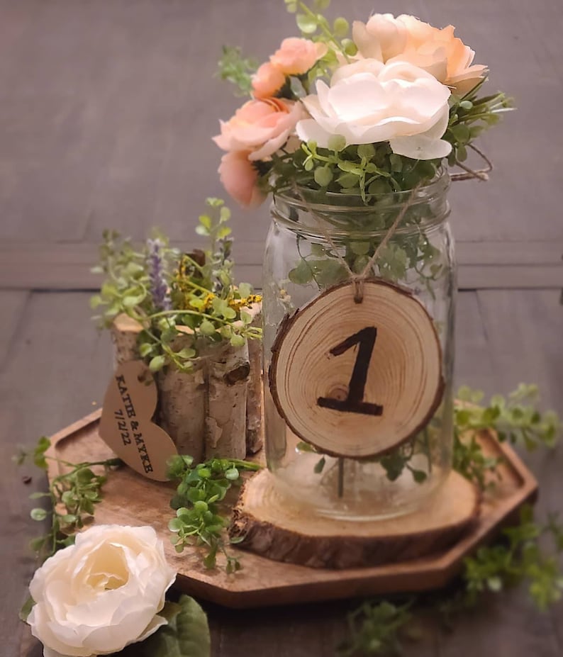 wood and twine unique rustic shower wedding Table numbers nature centerpiece for mason jar quart wooden party favor