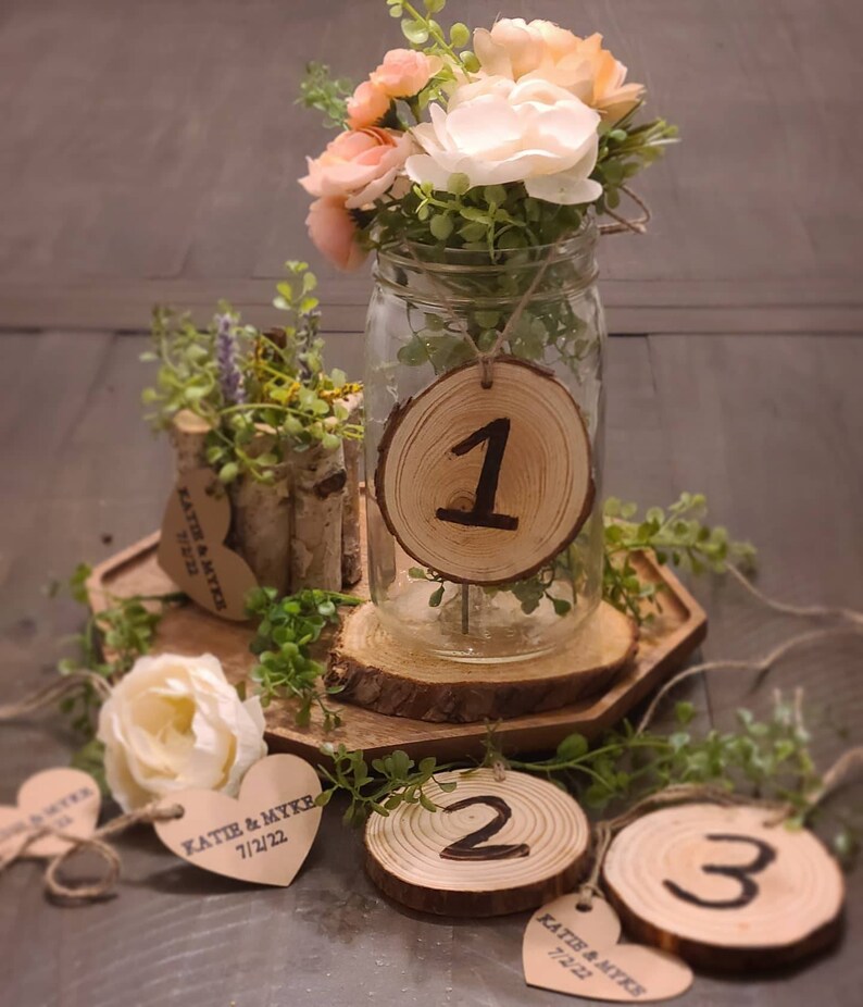 wood and twine unique rustic shower wedding Table numbers nature centerpiece for mason jar quart wooden party favor