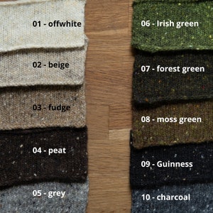 Op de afbeelding: Kleurenkaart met tien verschillende garenkleuren, waaronder offwhite, beige, fudge, turf, grijs, Iers groen, bosgroen, mosgroen, Guinness en antraciet.