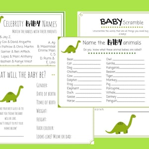 Green Dinosaur Baby Shower Game Package, Dinosaur Theme Games, Baby Shower Activities, Printable Baby Games, Baby Shower Fun
