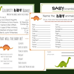 Orange and Green Dinosaur Baby Shower Game Package, Dinosaur Theme Games, Baby Shower Activities, Printable Baby Games, Baby Shower Fun