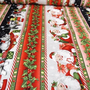 Può includere: Tessuto a tema natalizio con strisce verticali. Il design presenta Babbo Natale, gattini, agrifoglio e bastoncini di zucchero su sfondi rossi, neri, bianchi e rosa. Adatto per lavori artigianali e cucito natalizi.