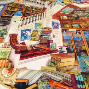 Może przedstawiać: Kolorowy materiał z vintage'ową ilustracją biblioteki z regałami pełnymi książek. Materiał przedstawia schody z drewnianą poręczą i czerwonym aksamitnym fotelem. Materiał zawiera również słowa "Exlibris" i "Historia".