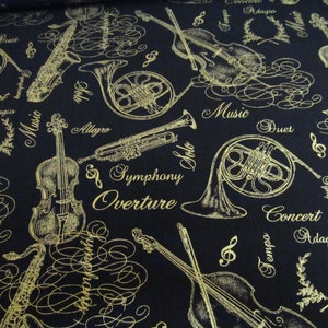 Strumenti musicali chitarra tromba cotone oro nero 50 x 110 cm