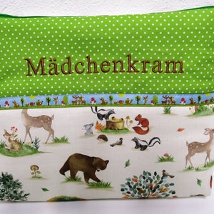 Kosmetiktasche Kulturbeutel Mädchenkram Waldtiere bestickt  XL  Unikat