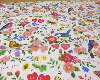 Heart birds I love You Be Mine cotton patchwork fabric 50 x 110 cm