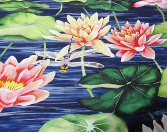 Water lilies waves water dragon fly cotton patchwork fabric 50 x 110 cm