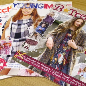 Könnte beinhalten: Drei verschiedene Nähmusterzeitschriften mit bunten Covern. Die Zeitschriften heißen "Patch", "YoungiM" und "B Trendy".