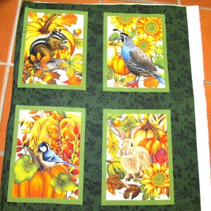 Puede incluir: Panel de tela con cuatro imágenes rectangulares. Cada imagen, con borde verde, representa escenas otoñales: una ardilla listada, una codorniz, un pájaro azul y un conejo, rodeados de calabazas, girasoles y hojas de otoño.
