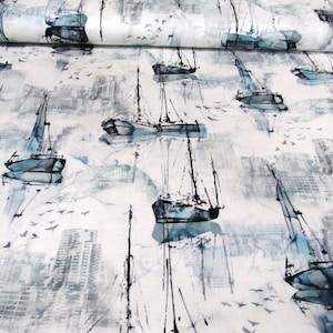 City Harbor Sailboat Skyscraper Seagulls Cotton Patchwork Fabric 50 x 110 cm