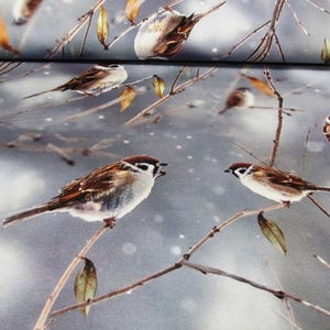 Könnte beinhalten: Stoff mit einem Wintermotiv. Mehrere braune und weiße Spatzen sitzen auf kahlen Ästen. Der Hintergrund ist ein gedämpftes Grau mit angedeutetem Schneefall. Einige Blätter sind sichtbar.
