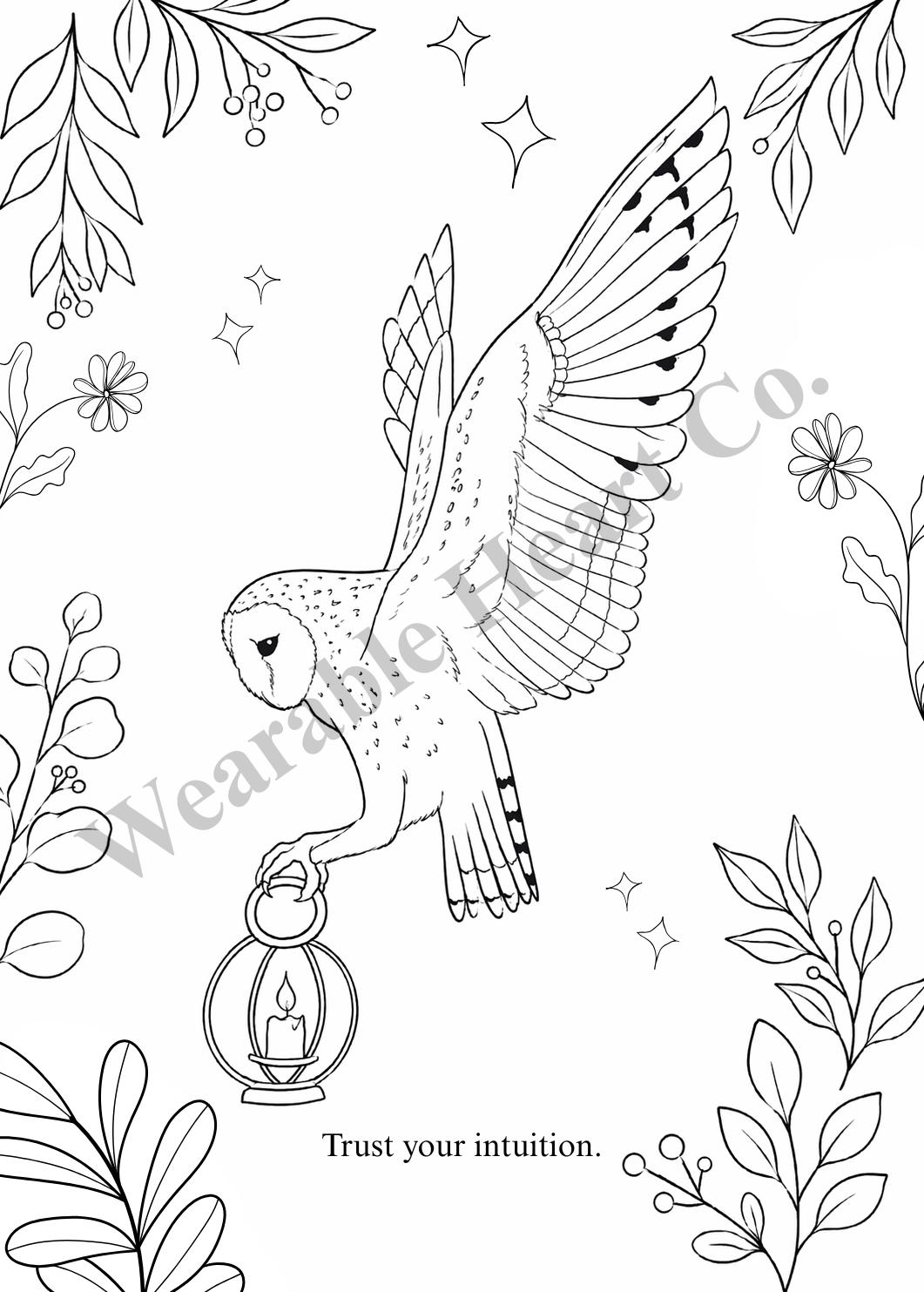 Printable Woodland Owl Coloring Page for Stress Relief (Lantern Animal Guide)