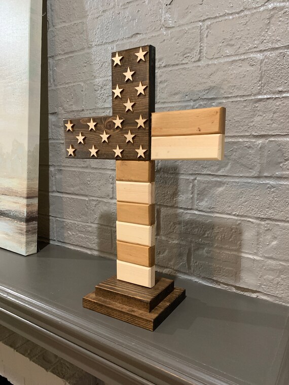 Wood USA Flag Cross With Base Stained Christian Wood Cross Etsy