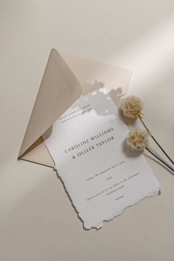 Modern Wedding Invitation, Minimal Wedding Invitation, Handmade Paper Invitation, Deckled Edge Wedding Invitation, Foil Invitation