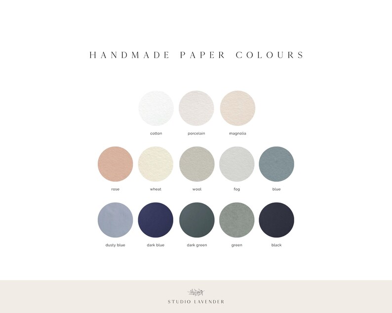 May include: A chart showing 11 different colors of handmade paper. The colors are: cotton, porcelain, magnolia, rose, wheat, wool, fog, blue, dusty blue, dark blue, dark green, green, and black.
