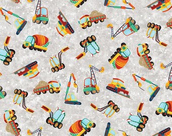 Construction Trucks Fabric By The Yard 100% Premium Cotton “Another Brick in the Wall” by Blank Quilting vehicles Bulldozer Dump truck Crane
