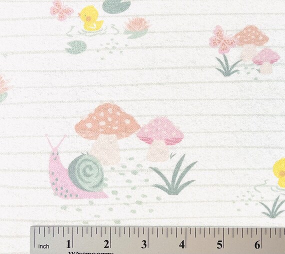 New Baby Animals Flannel Sage Stripe on Soft White Fabric by the Yard 100%  Cotton Cottagecore Spring Woodland Babies Snails Ducks Frogs 