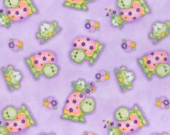 Sweet Turtles Flannel Fabric By The Yard or Half yards Cotton Children’s print small green purple pink floral turtle frog by A. E. Nathan