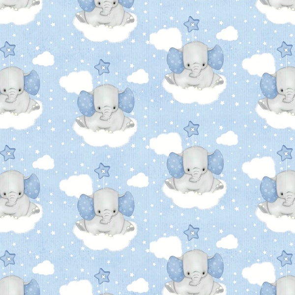 Baby Elephants on Blue Flannel Fabric By The Yard or Half Yards 100% Cotton clouds polka dots zoo Safari animal by A.E. Nathan