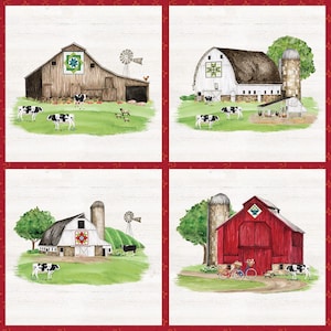 Spring Barns 36” Pillow Panel 100% Cotton fabric “Spring Barn Quilts” by Tara Reed for Riley Blake cows barn quilts farm farmland country