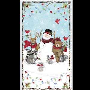 Nose to Nose  24” Quilt Panel 100% Premium Cotton fabric by Susan Winget wall art Christmas snowman woodland creatures animals holiday