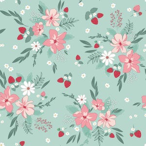 Flowers and Strawberries on Mint Fabric By The Yard 100% Premium Cotton “Berry Market” by Riley Blake floral strawberry garden quilt