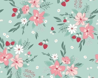 Flowers and Strawberries on Mint Fabric By The Yard 100% Premium Cotton “Berry Market” by Riley Blake floral strawberry garden quilt