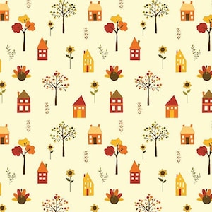 Fall’s In Town Tiny Village Houses Fabric By The Yard 100% Premium Cotton Thanksgiving Fall Autumn trees  foliage nature by Riley Blake