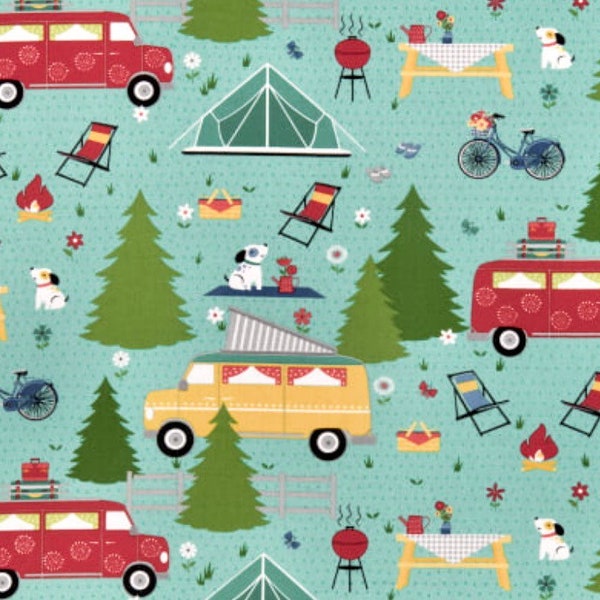 Adventure Time by Wilmington Prints Fabric By The Yard 100% Cotton LARGE PRINT puppy dogs camping camp tent van life outdoors wilderness