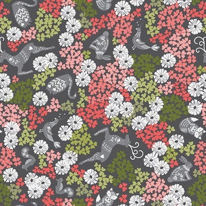 May include: A seamless pattern featuring a dark gray background with white and pink flowers, green leaves, and stylized white animal illustrations. The animals include a deer, a bird, a rabbit, a squirrel, and a cat.
