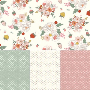 Bloomberry Floral & Hearts Collection Fabric By The Yard 100% Premium Cotton by Riley Blake flowers strawberries flowers dots Bloom Berry